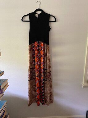 Vintage 1970s Ciao LTD Black Sweater Geometric Colorful Mod Maxi Boho Dress